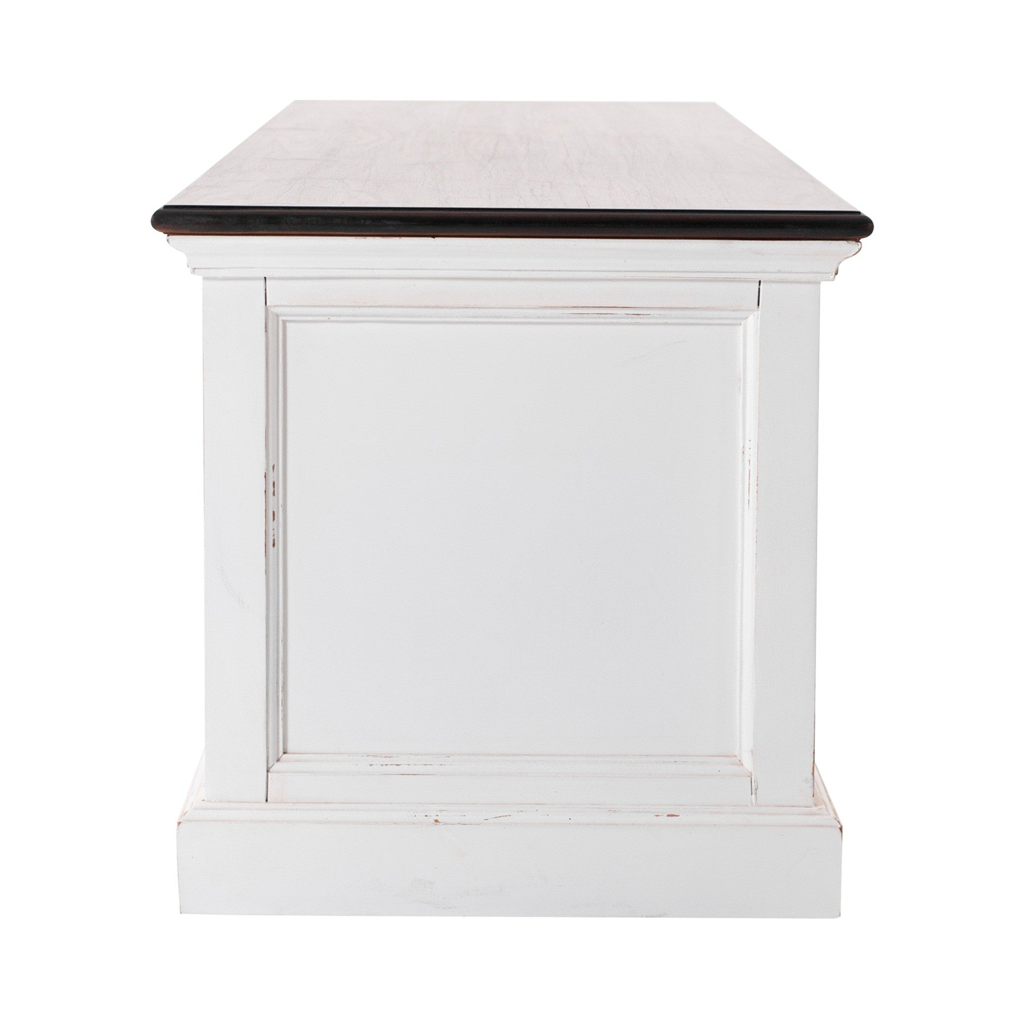 Halifax Accent Large ETU with 4 drawers, side panel view, white TV unit with dark timber top.