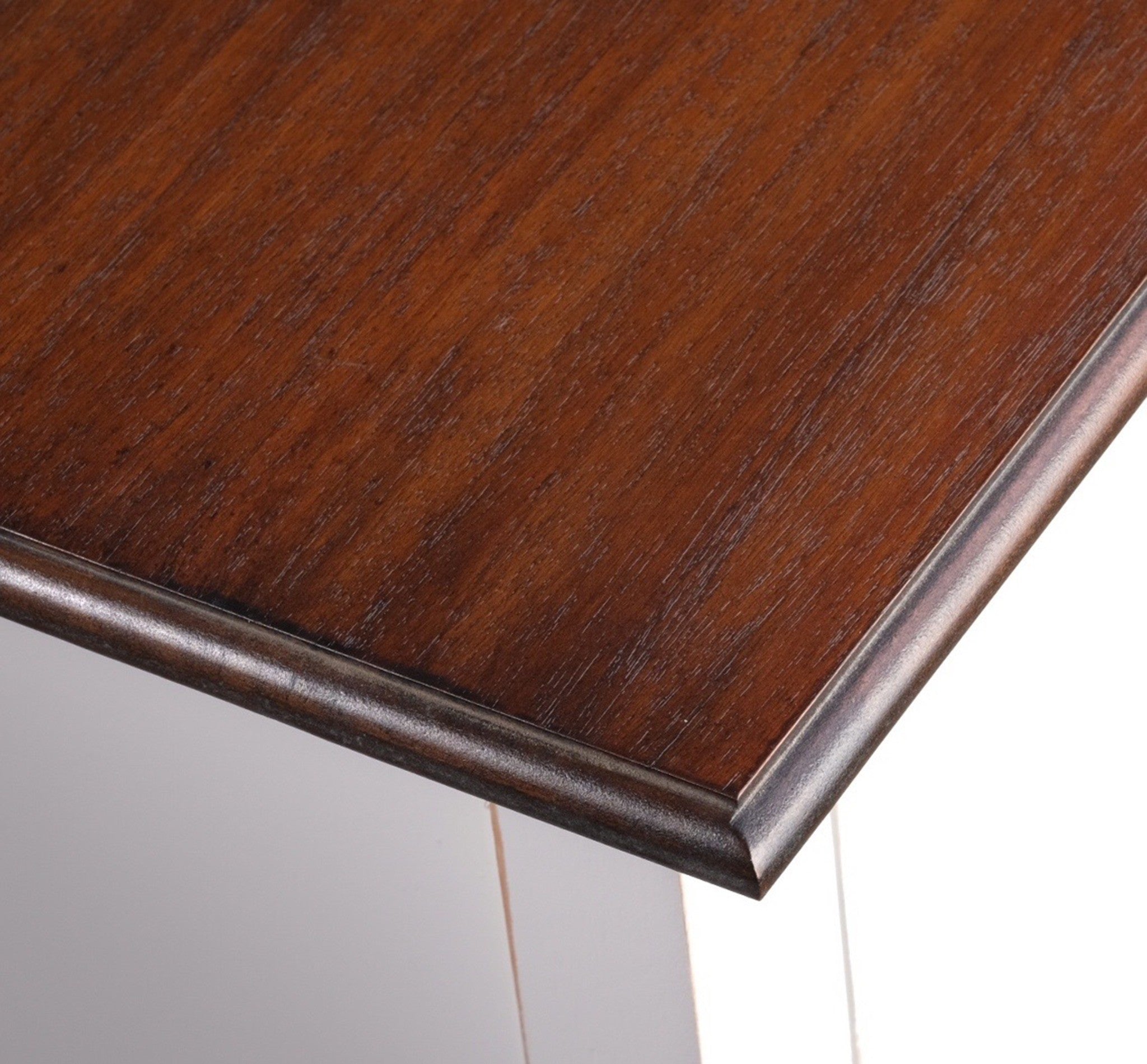 Halifax Accent Large ETU with 4 drawers, close-up of the dark timber top corner and moulded edge detail.