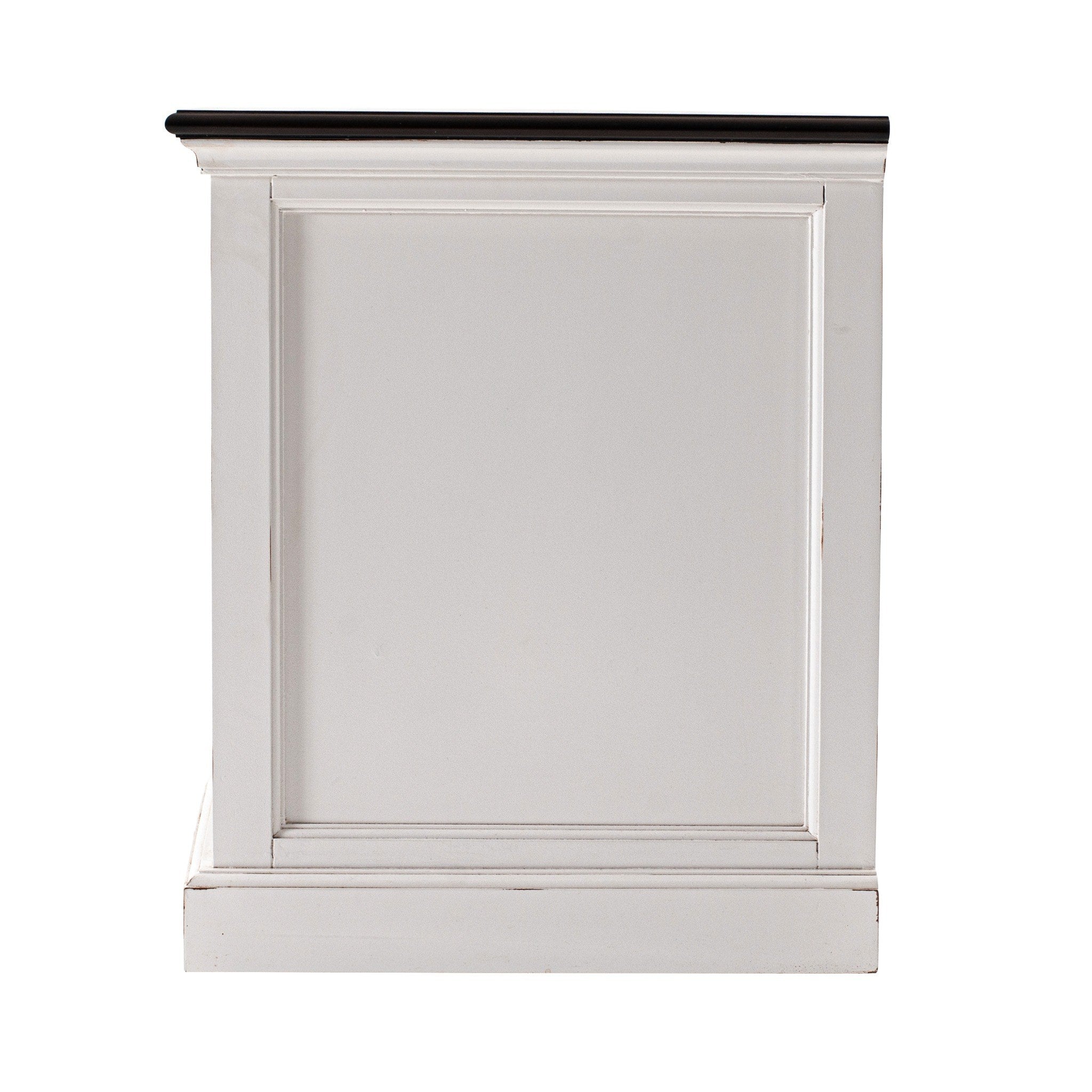 Side panel detail of Halifax Accent white bedside table with dark timber top