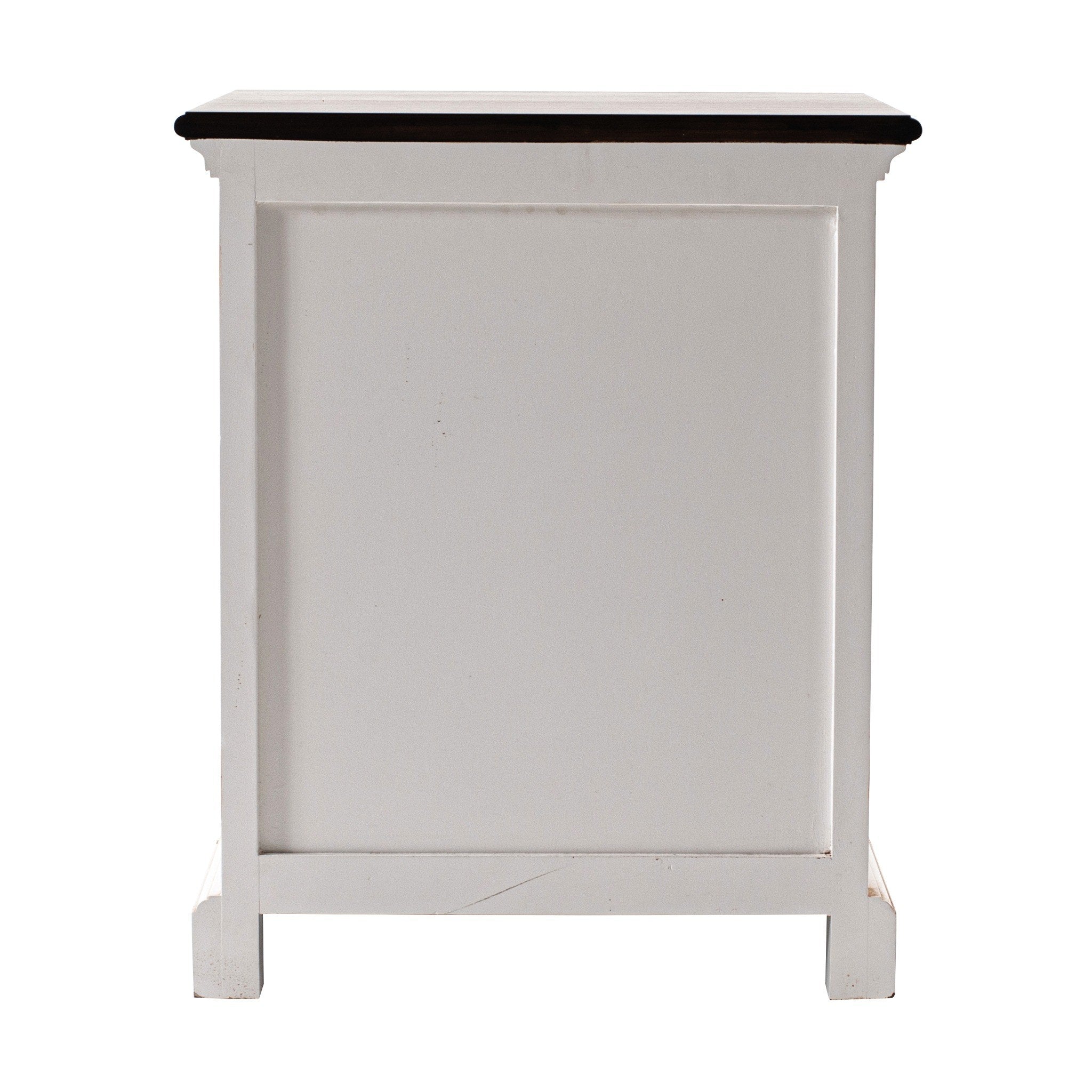 Side view of Halifax Accent white bedside table with dark timber top and classic panel detail