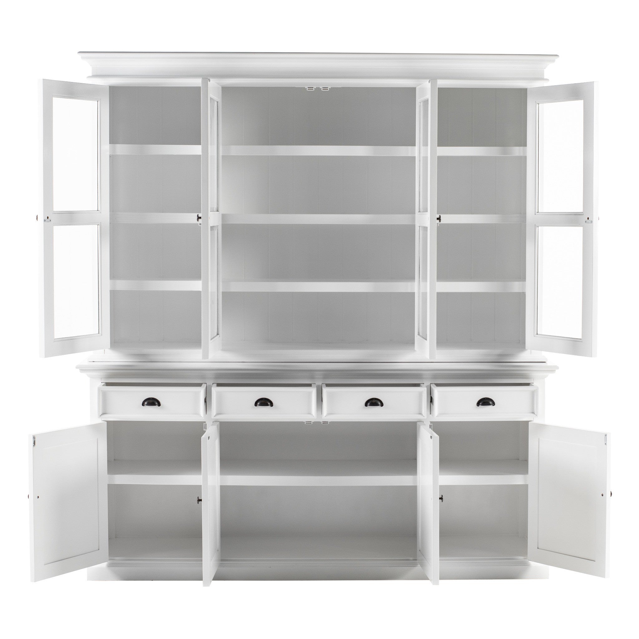 Halifax Buffet Hutch Unit with 4 Glass Doors lower buffet base front view with drawers and cupboard doors open to show white interior shelving.