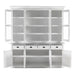 Halifax Buffet Hutch Unit with 4 Glass Doors lower buffet base front view with drawers and cupboard doors open to show white interior shelving.