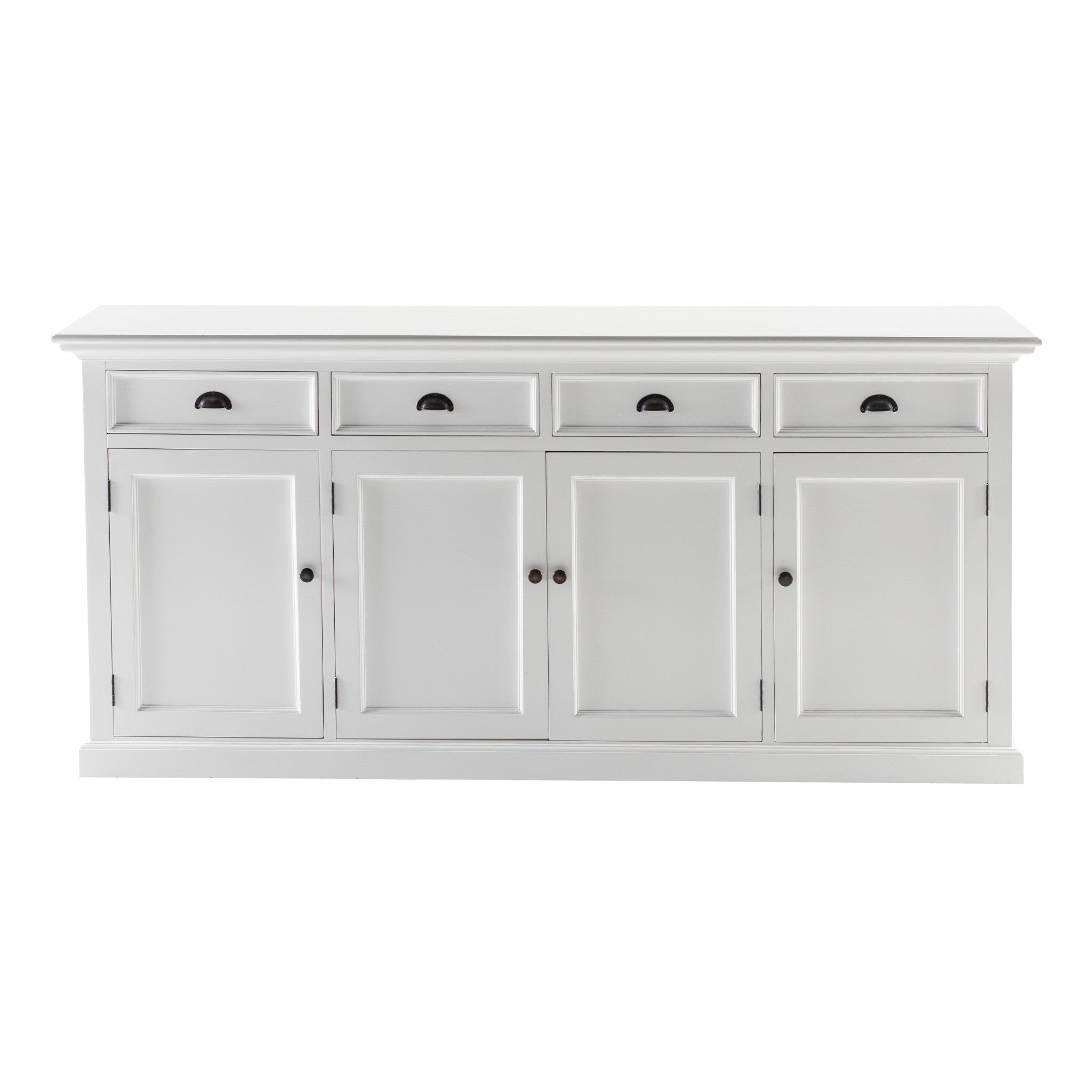 Halifax Buffet Hutch Unit with 4 Glass Doors lower buffet base front view with four drawers, four cupboard doors and black hardware.