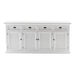Halifax Buffet Hutch Unit with 4 Glass Doors lower buffet base front view with four drawers, four cupboard doors and black hardware.