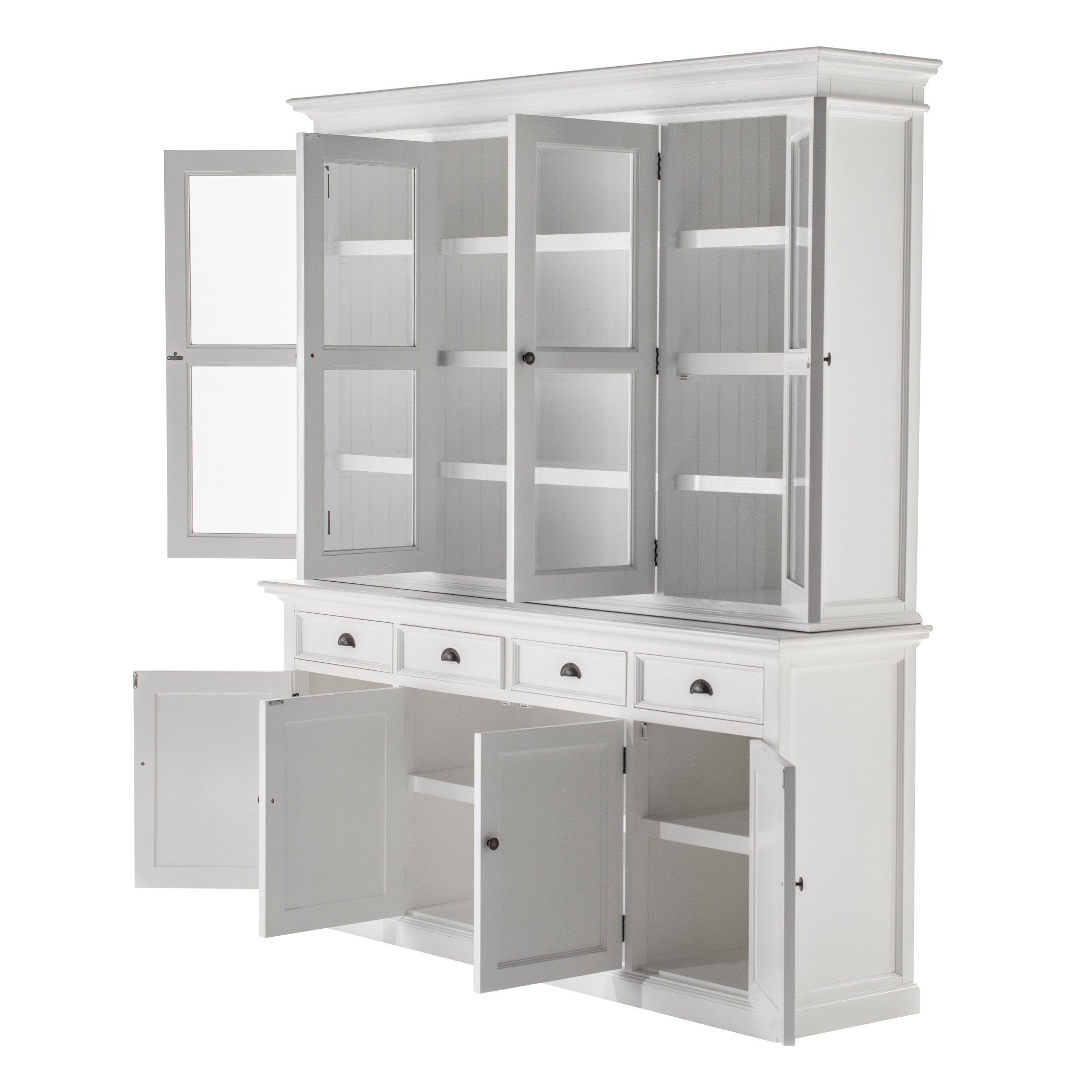 Halifax Buffet Hutch Unit with 4 Glass Doors close-up of open cabinet hinge, white painted frame, interior shelving and vertical panel backing.