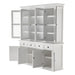 Halifax Buffet Hutch Unit with 4 Glass Doors close-up of open cabinet hinge, white painted frame, interior shelving and vertical panel backing.