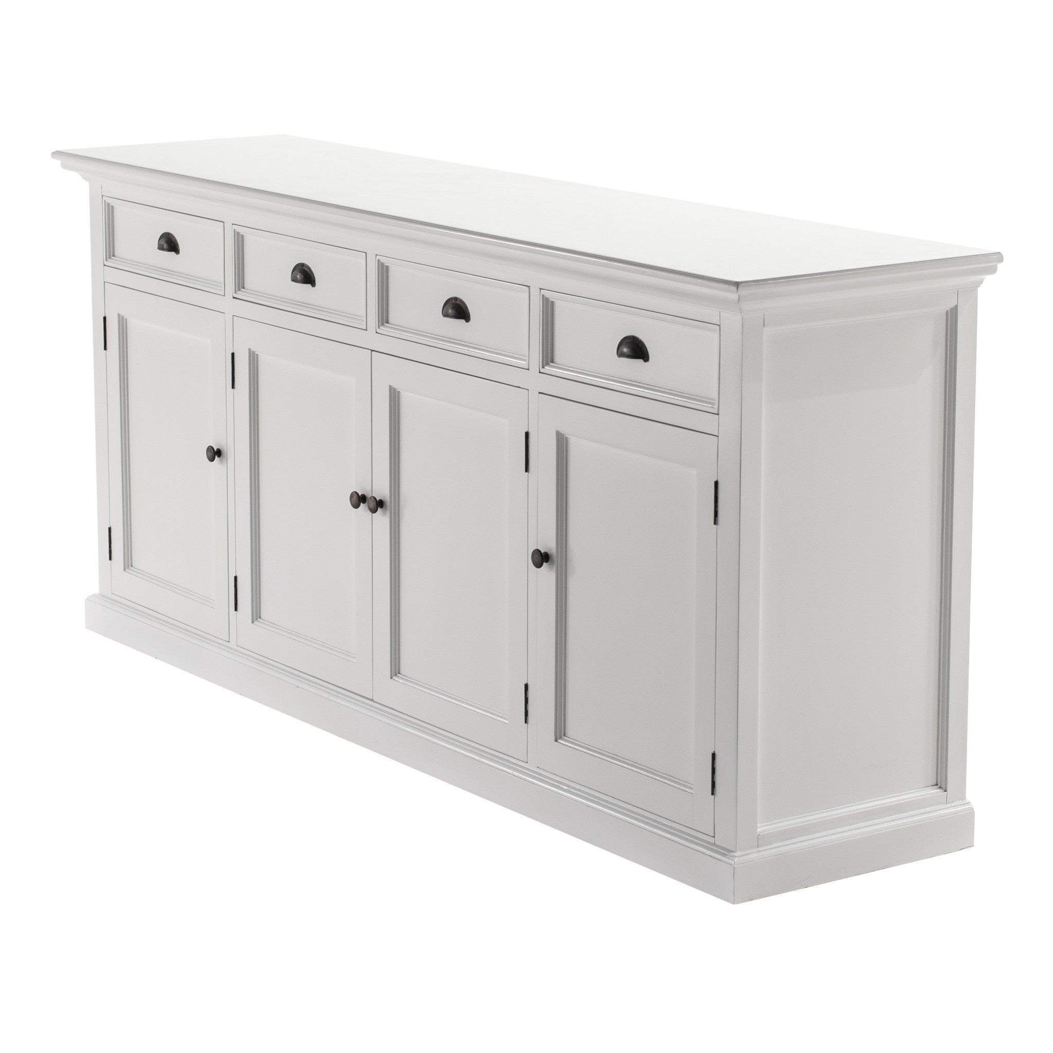 Halifax Buffet Hutch Unit with 4 Glass Doors angled front view, white Hamptons hutch with glass display doors, drawers and lower cabinets.