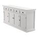Halifax Buffet Hutch Unit with 4 Glass Doors angled front view, white Hamptons hutch with glass display doors, drawers and lower cabinets.