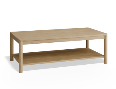 Slightly angled view of rectangular wooden coffee table in natural oak finish.