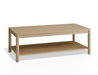 Slightly angled view of rectangular wooden coffee table in natural oak finish.