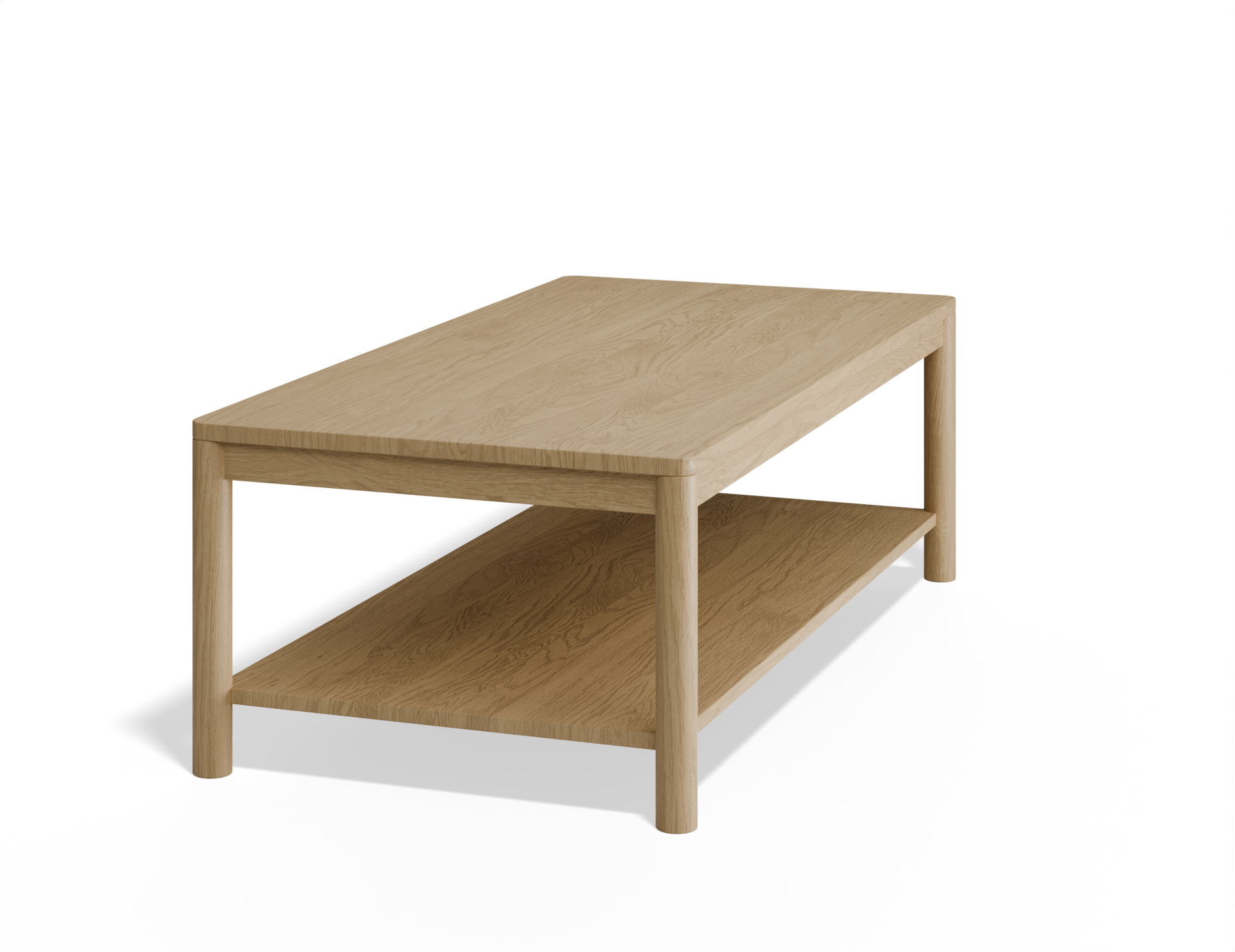 Angled side view of rectangular wooden coffee table in natural oak finish.