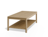 Angled side view of rectangular wooden coffee table in natural oak finish.