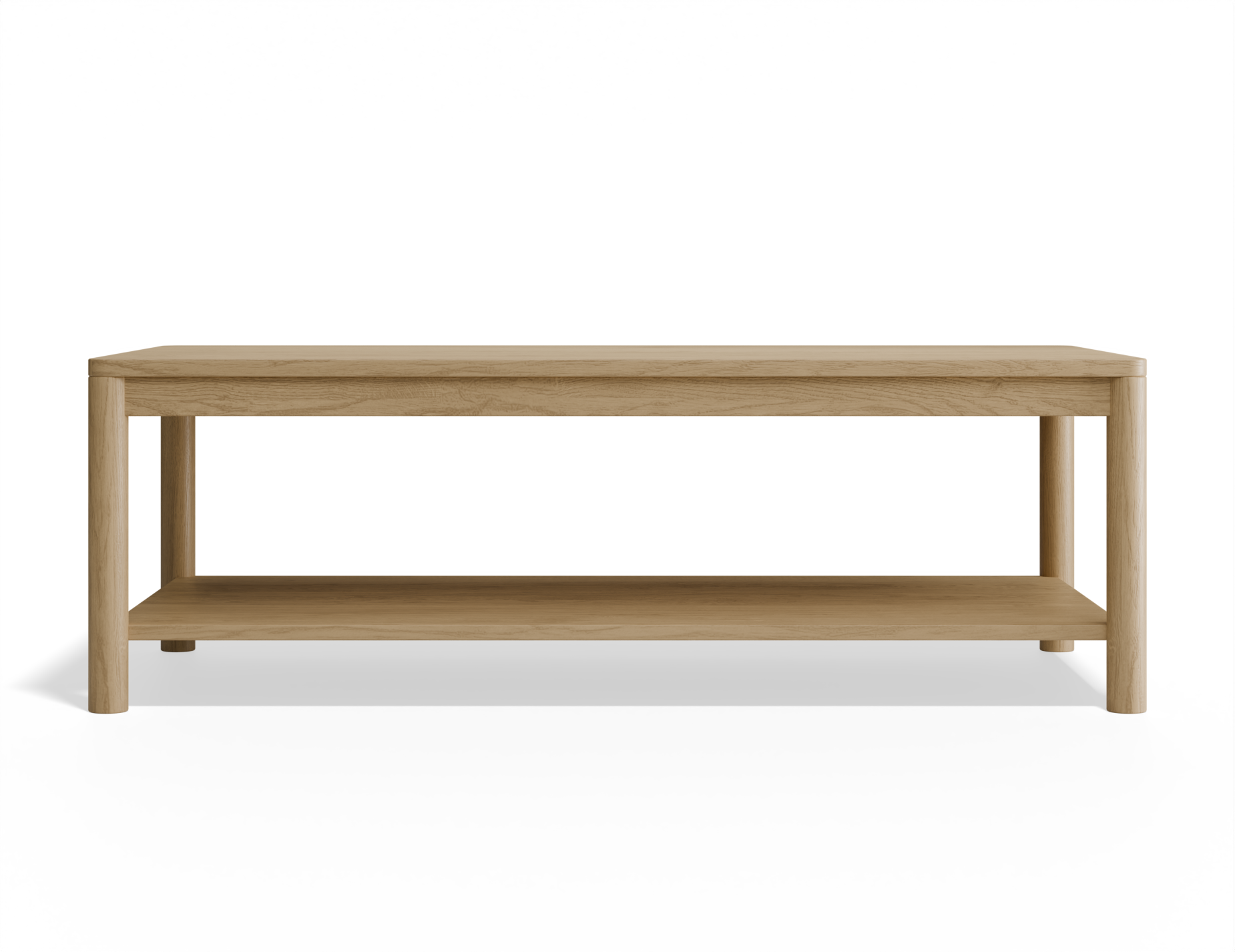 Front view of rectangular wooden coffee table in natural oak finish. 
