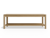 Front view of rectangular wooden coffee table in natural oak finish. 