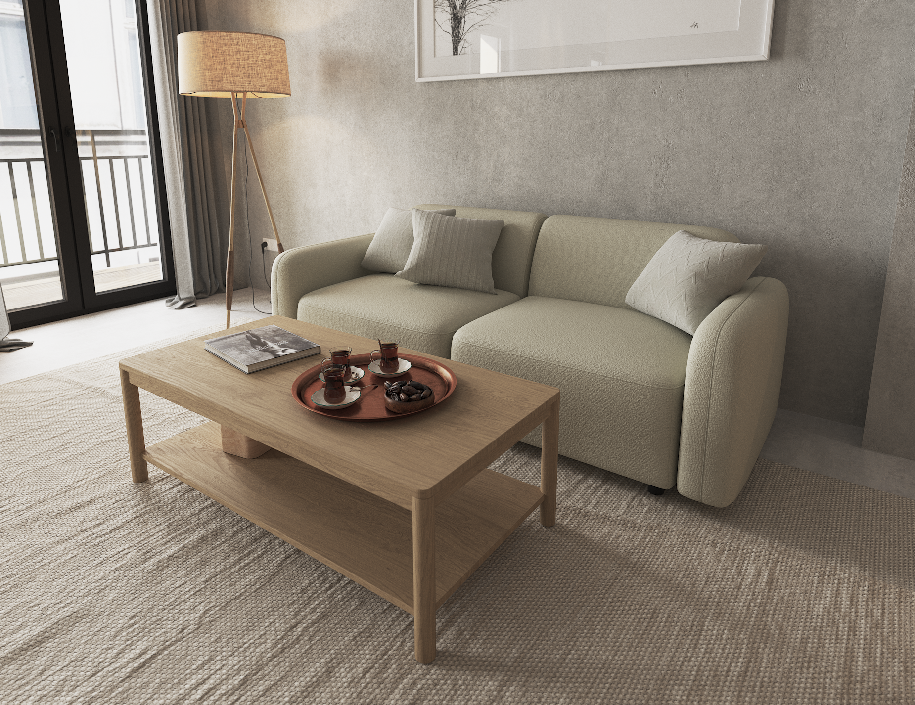 Rectangular wooden coffee table in natural oak finish next to a 2 seater beige couch and tall lamp on a natural rug.