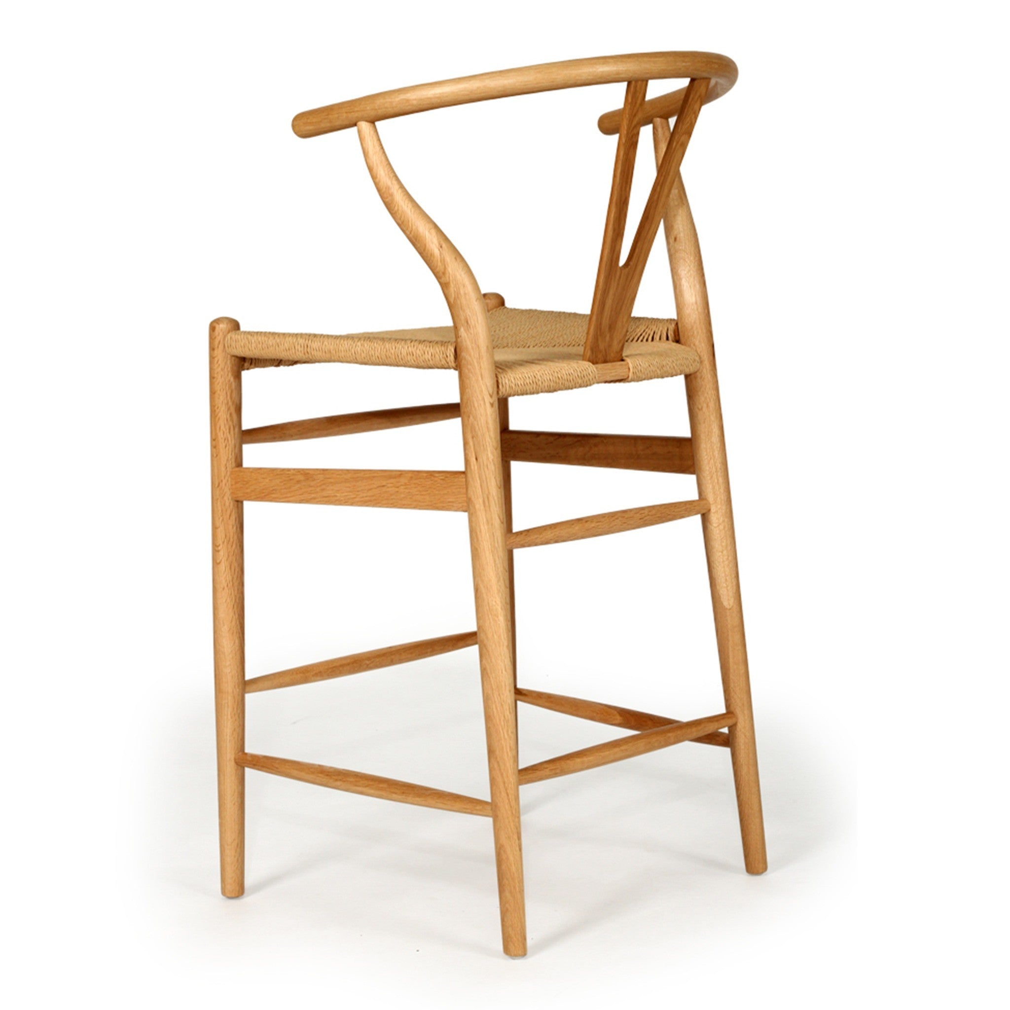 Wishbone Counter Stool in Natural Oak single stool on white background showing the curved wishbone back, woven seat and foot rails.