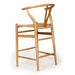 Wishbone Counter Stool in Natural Oak single stool on white background showing the curved wishbone back, woven seat and foot rails.