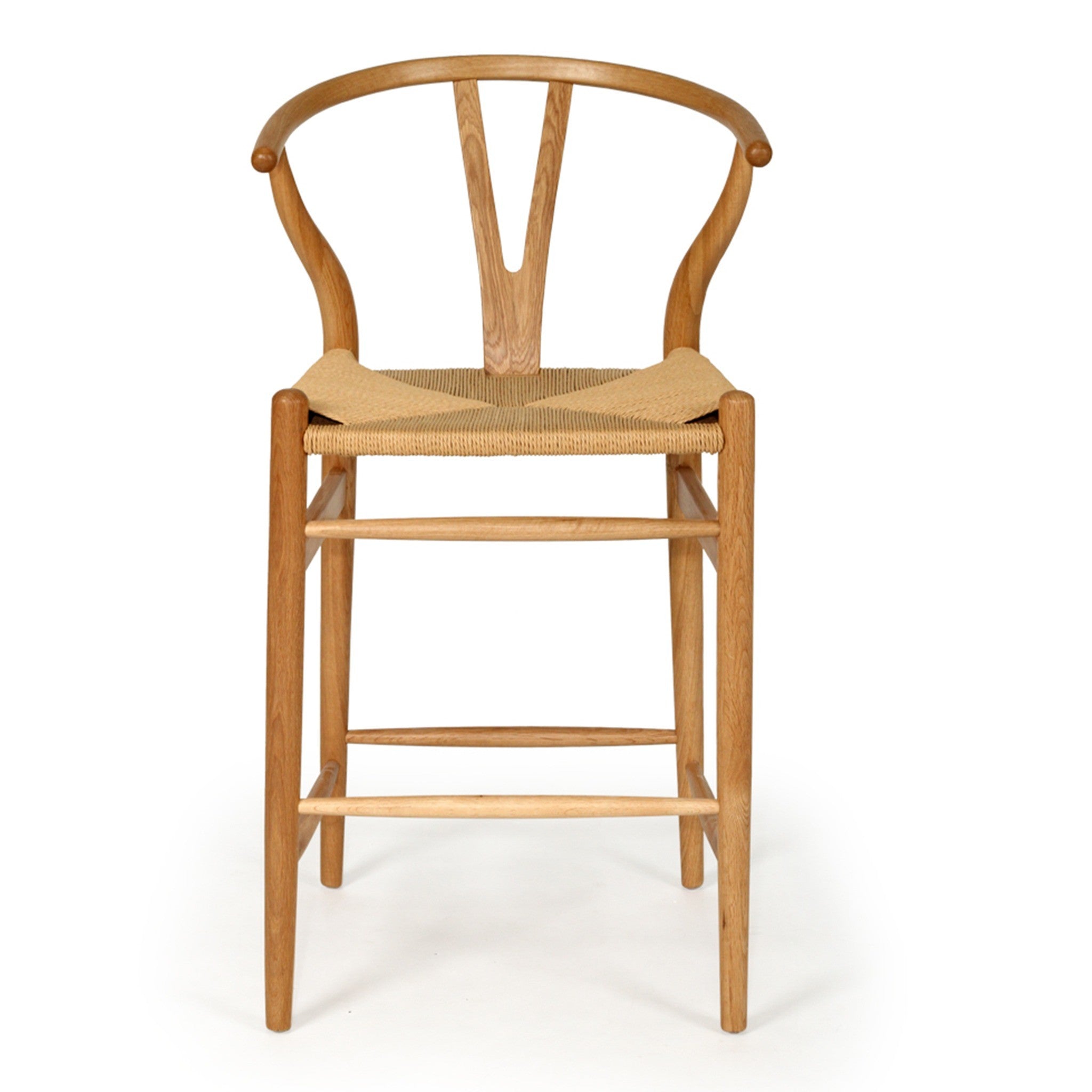 Wishbone Counter Stool in Natural Oak front view showing the rounded backrest, woven cord seat and timber foot rails.