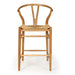 Wishbone Counter Stool in Natural Oak front view showing the rounded backrest, woven cord seat and timber foot rails.