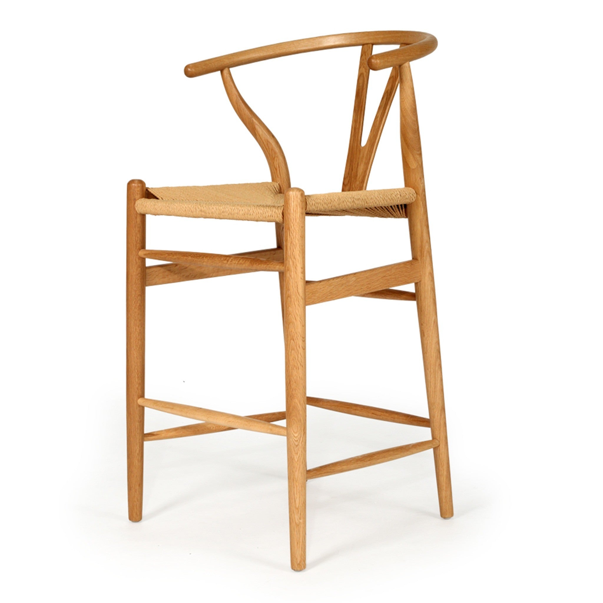 Wishbone Counter Stool in Natural Oak side back view showing the Y-shaped support, curved backrest and natural cord seat.