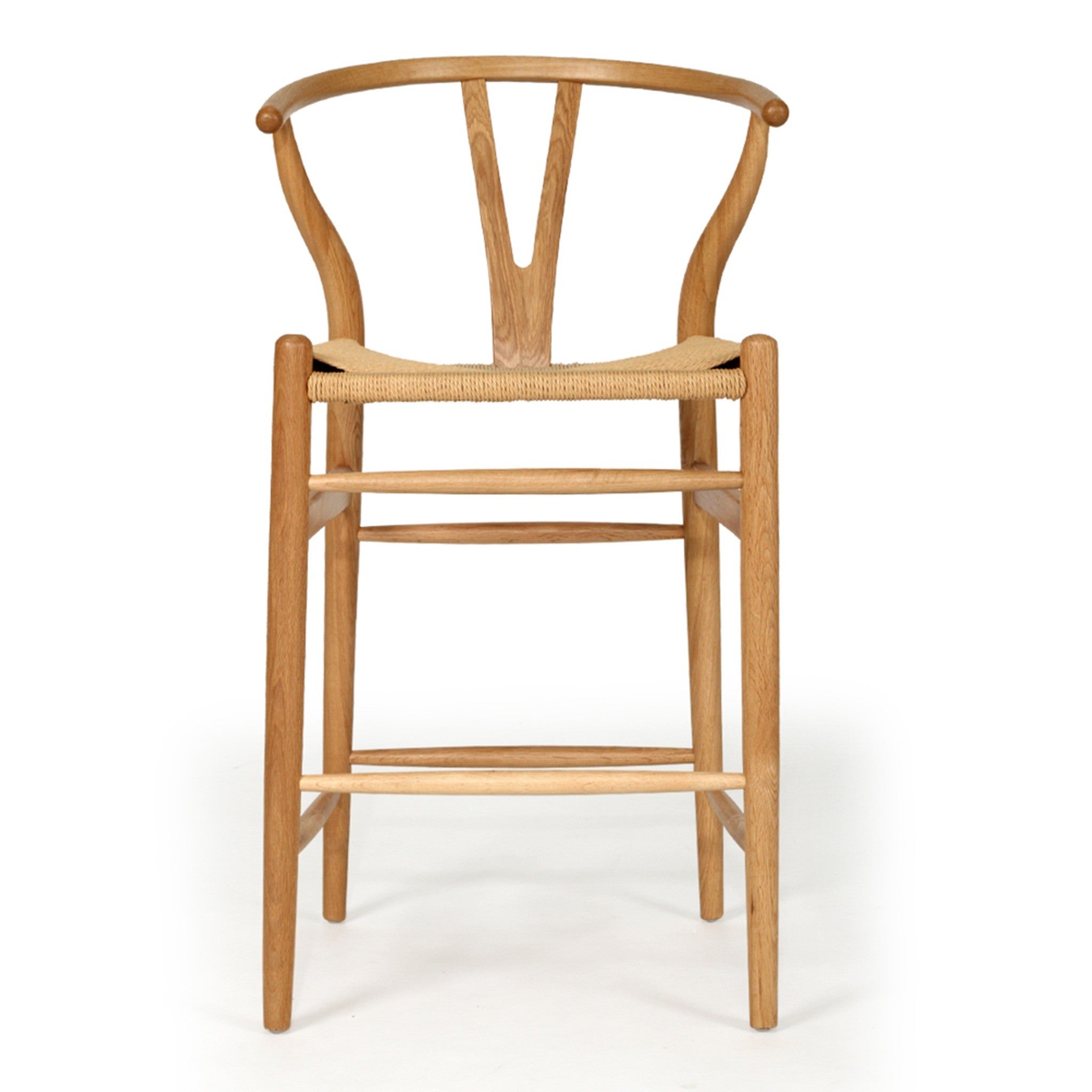Wishbone Counter Stool in Natural Oak straight back view showing the Y-shaped back support, woven seat and natural oak legs.